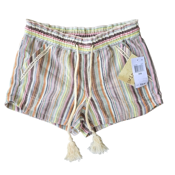 Rewind Pants - Rewind Multicolor Cream Striped Linen Blend Pull On Shorts Tassels Size XXS NWT